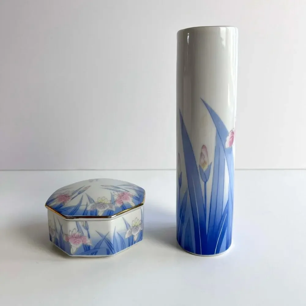 VTG Porcelain Ceramic Vase & Lidded Dish Kozan Gama Otagiri Japan Iris Floral